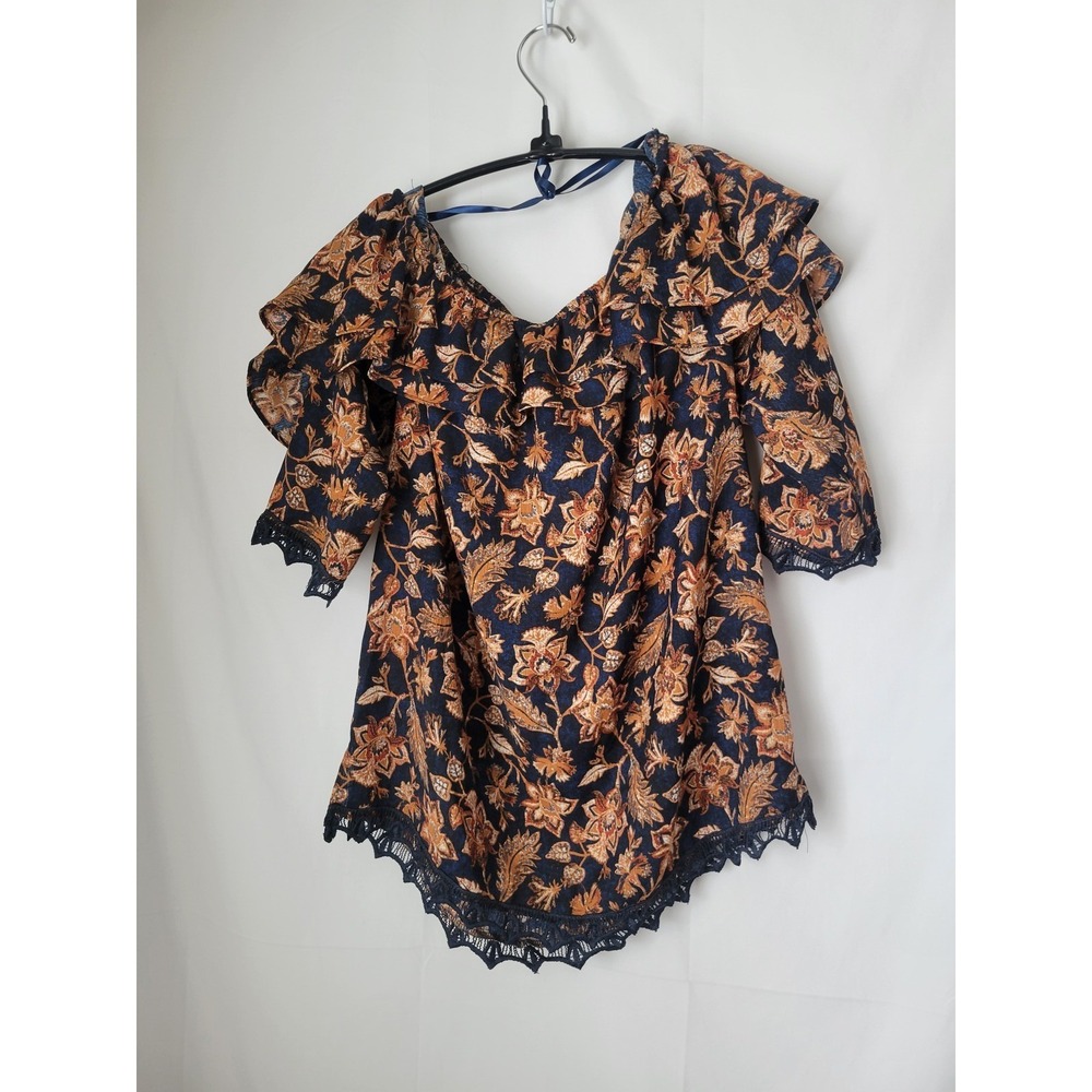 KNOX ROSE Women's Small S Off-Shoulder Ruffle Top Navy Blue Orange Floral Lace